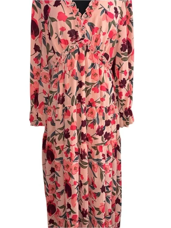 NWOT Floral Ruffle V-Neck Peach Maxi Dress, P2P:22”, L:53” - Picture 4 of 11